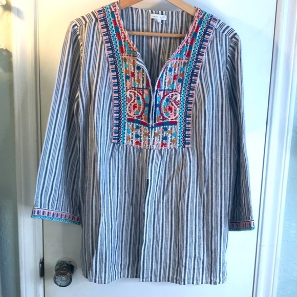 J Jill Love Linen Embroidered Striped Tunic Top Size M - Picture 3 of 11